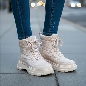 Call It Spring Mystic Nude Quilted Combat Boots with Cozy Faux Fur Lining Size 7